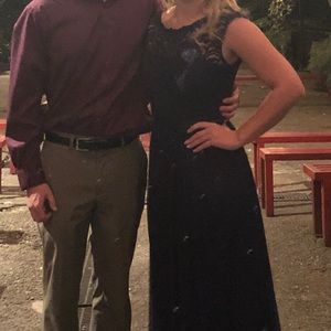 Navy lace and chiffon gown